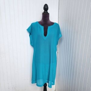 Islander Women’s Teal Turquoise Swim Cover-Up Dress Split Neck Mesh Neck Dry XL
